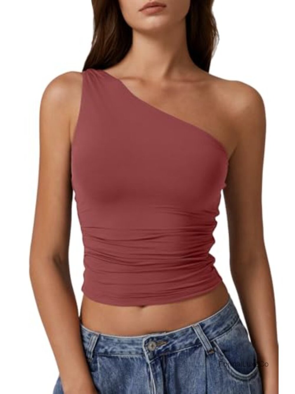 Women's One Shoulder Tank Top Double Lined Sleeveless Slim Fit Cropped Tee